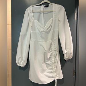 white ruched long puff sleeve dress